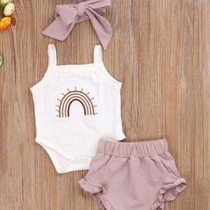 Easisim Baby Romper Onesie Shorts Bodysuit Headband‎ Outfit Set Rainbow 3 pc set